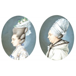 Carl Friedrich Holtzmann, a) Profile portrait of a gentlewoman with cap; b) Profile portrait of a young gentlewoman with earrings and necklace. Pair of miniatures