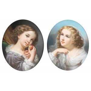 Jean Baptiste Greuze, a) Maiden with red fruit; b) Maiden with veil. Pair of drawings