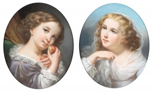 Jean Baptiste Greuze, a) Maiden with red fruit; b) Maiden with veil. Pair of drawings