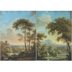 Andrea Locatelli, a) Landscape with castle and watercourse; b) Landscape with watercourse and fountain. Pair of temperas