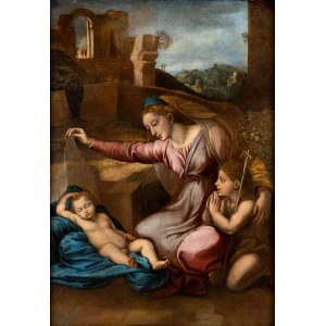 Raffaello Sanzio, Madonna ze Śpiącym Dzieciątkiem i Dzieciątkiem św. Jana (Madonna del Velo lub Madonna del Diadema Blu)