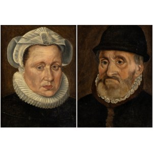 Artista olandese, XVII secolo, a) Portrait of a lady with cap and gorget; b) Portrait of a gentleman with hat. Pair of paintings
