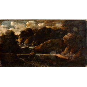 Gaspard Dughet, Landscape with river, small waterfalls and figures