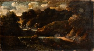 Gaspard Dughet, Landscape with river, small waterfalls and figures