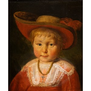 Artista olandese, XVII secolo, Portrait of a young boy with feathered hat and gold necklace