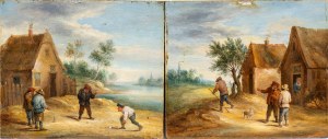Il Giovane David Teniers, a) Bowling players by the river; b) Conversation between villagers. Pair of paintings