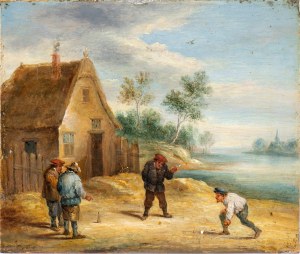 Il Giovane David Teniers, a) Bowling players by the river; b) Conversation between villagers. Pair of paintings
