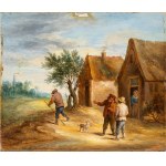 Il Giovane David Teniers, a) Bowling players by the river; b) Conversation between villagers. Pair of paintings