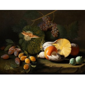 Marco Antonio Rizzi, Still life of mushrooms, figs, grapes, pumpkin and plums