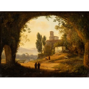 Giovanni Battista Bassi, Latium landscape with a cave, two monks and a monastery complex in the background