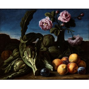 Giovanni Stanchi, Still life of roses, artichokes and peaches