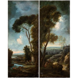 Paolo Anesi, a) Landscape with watercourse and washerwomen at the fountain; b) Landscape with figures and town in the background. Pair of paintings