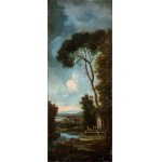 Paolo Anesi, a) Landscape with watercourse and washerwomen at the fountain; b) Landscape with figures and town in the background. Pair of paintings