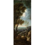 Paolo Anesi, a) Landscape with watercourse and washerwomen at the fountain; b) Landscape with figures and town in the background. Pair of paintings