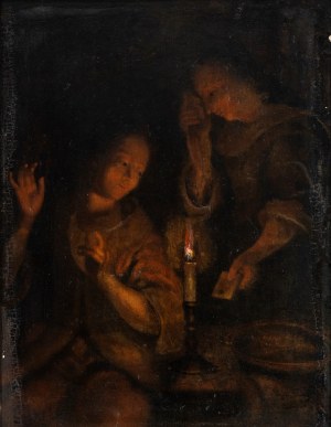 Godfried Schalcken, Candlelight interior with two female figures