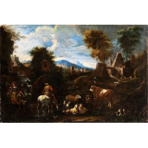 Artista genovese, XVII secolo, Landscape with sheppards and herds