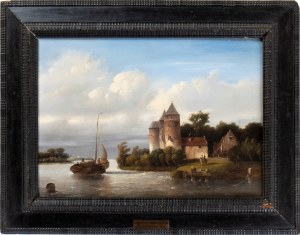 Salomon Leonardus Verveer, Landscape with canal, boats and figures