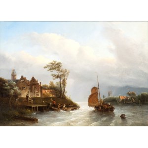 Salomon Leonardus Verveer, Landscape with castle, waterway and boats