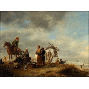 Philips Wouwerman, Coastal scene with fish vendors and two horsemen