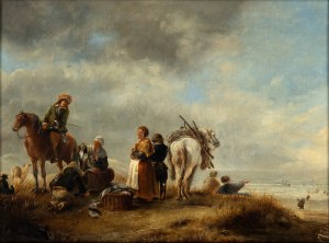 Philips Wouwerman, Coastal scene with fish vendors and two horsemen