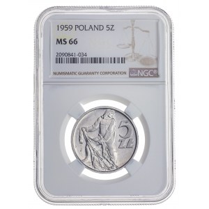 5 złotych 1959, aluminium, SŁONECZKO plus SKRĘTKA, 2ga najwyższa nota gradingowa na świecie firmy NGC