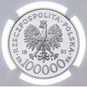100 000 zł 1991, MJR HENRYK DOBRZAŃSKI HUBAL, PRÓBA NIKIEL, MAX NGC, PF 69 ULTRA CAMEO