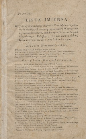 List of names of military men of all ranks and military officials not covered by the last organization of the army or resigned, decorated with the Order of the Polish Military Cross, Commander, Knight, Gold and Silver [ca. 1816].