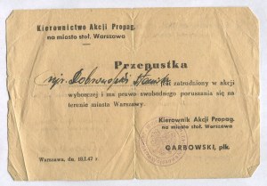 Propaganda Action Management for the City of Warsaw. Pass for an election action worker, allowing free movement around Warsaw [January 1947].