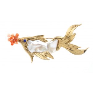 ASCIONE: Pearl silver and coral fish brooch