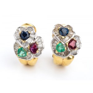 Gold earrings with diamonds, sapphires, emeralds, and rubies