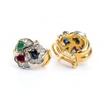 Gold earrings with diamonds, sapphires, emeralds, and rubies