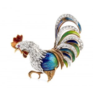 Gold enameled rooster brooch with diamonds