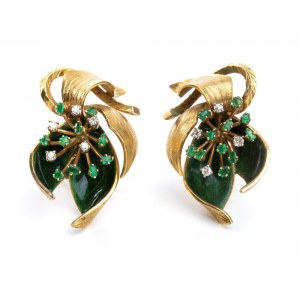 Diamond emerald enamel gold pair of earrings