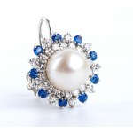 Diamond blue sapphire perl earrings and brooch with pearls, diamonds, and sapphires