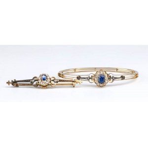 Diamond sapphire gold silver bracelet and brooch - late 19th century