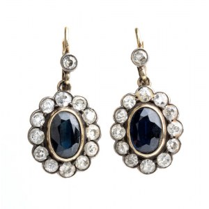Gold and silver earrings in floreal motif with sapphires and Old Cut diamonds