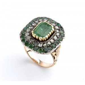 Emerald diamond gold silver ring