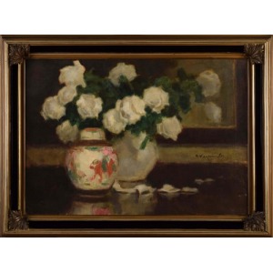 Karpiński Alfons (1875-1961) Białe róże z porcelaną