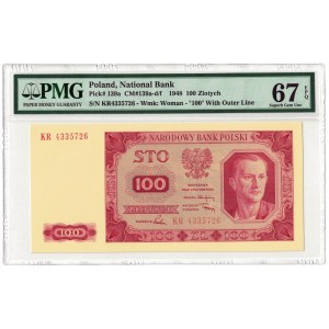100 złotych 1948, PRL, seria KR, PMG 67 EPQ, 2ga nota ŚWIAT