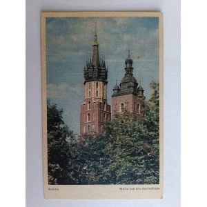 POCZTÓWKA KRAKÓW WIEŻA KOŚCIÓŁ MARIACKI, ZNACZEK STEMPEL HITLER 1944 R