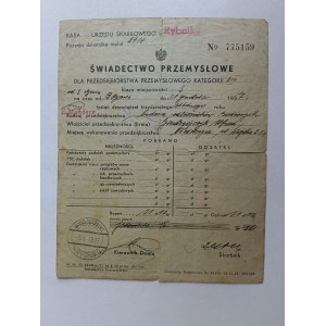 ŚWIADECTWO PRZEMYSŁOWE RYBNIK PRZEDWOJENNE 1937 R