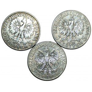 5 złotych 1932-1934 - Głowa Kobiety - zestaw 3 monet