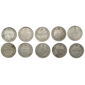 ROSJA - 10 x 10 kopiejek 1901-1914 oraz 1 x 15 kopiejek 1872