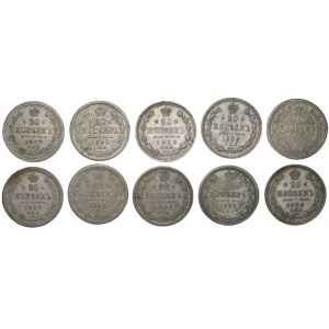 RUSSIA - 20 kopecks 1875-1913 - set of 10 pieces