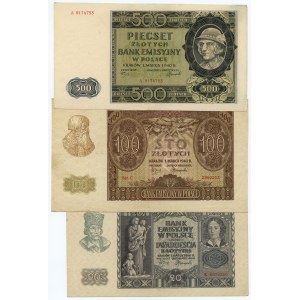 20, 100 and 500 zloty 1940 - set of 3 banknotes