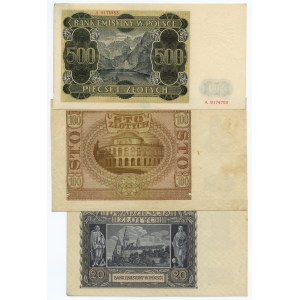 20, 100 and 500 zloty 1940 - set of 3 banknotes