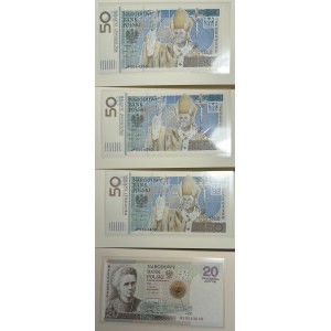 50 złotych 2006 Jan Paweł II, 20 złotych 2011 Maria Skłodowska Curie - zestaw 4 banknotów