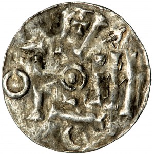 Polska (?), Bolesław Chrobry (?), naśladownictwo denarów Ottona III z Dortmundu (Av.) i Kolonii (Rv.), 1. ćwierć XI w.