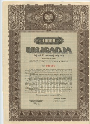 Obbligazione della 2a serie 4% della pensione statale in oro per 10.000 zloty in oro 1937 - RZADKA