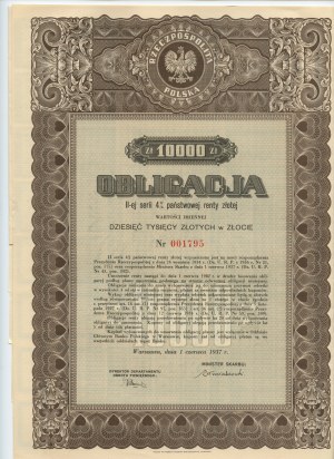 Obligacja II-ej Serji 4% Państwowej Renty Złotej na 10.000 złotych w złocie 1937 - RZADKA